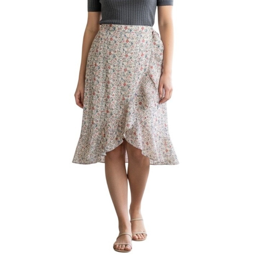 Madewell Floral Ruffle Hem Faux Wrap Midi Skirt Size 10 Cottagecore NWT G5522